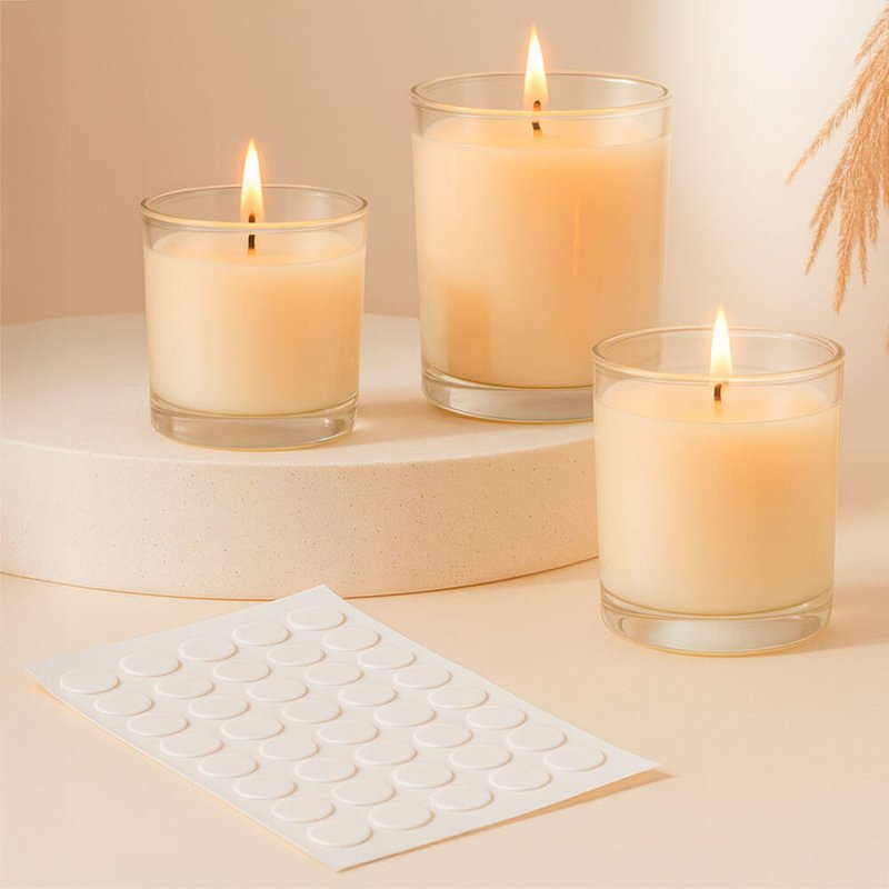Adhesivos para portamechas medianos. Fijan la mecha en velas en vaso de forma segura y rápida. Pack de 50 unidades. ¡Compra en G