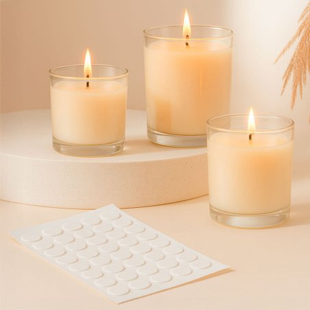 Adhesivos para portamechas medianos. Fijan la mecha en velas en vaso de forma segura y rápida. Pack de 50 unidades. ¡Compra en G