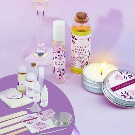 Compra el kit set noche romántica en Gran Velada. Crea una vela, un aceite de masaje y un perfume afrodisíaco. Incluye materiale