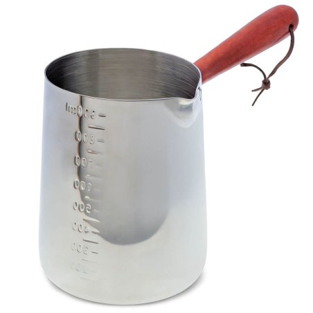 Jarra de acero inoxidable con mango largo, ideal para fundir cera y parafina con precisión. Resistente al calor y fácil de limpi