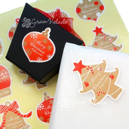 Descubre en Gran Velada pegatinas personalizadas para packaging como este alegre modelo Happy X-Mas. ¡Envíos rápidos y amplio ca