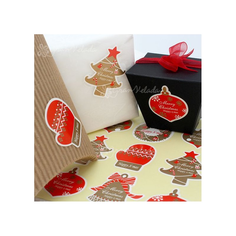 Descubre en Gran Velada pegatinas personalizadas para packaging como este alegre modelo Happy X-Mas. ¡Envíos rápidos y amplio ca
