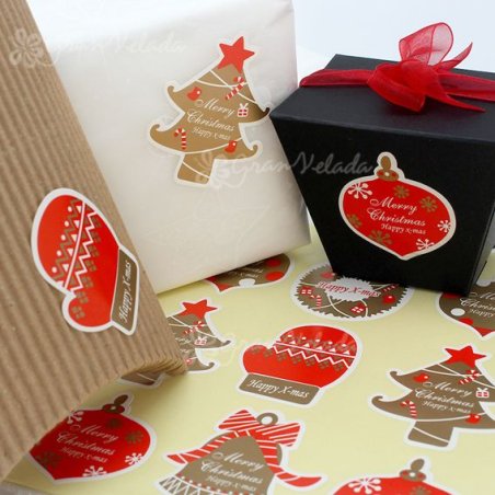 Descubre en Gran Velada pegatinas personalizadas para packaging como este alegre modelo Happy X-Mas. ¡Envíos rápidos y amplio ca