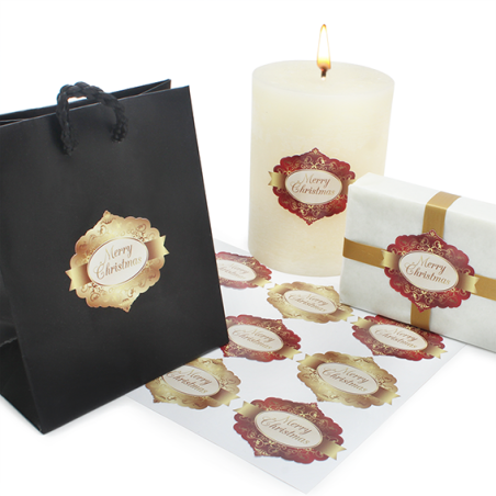 En Gran Velada puedes comprar pegatinas para packaging de Navidad, como este modelo merry x-mas gold. Amplio catálogo de pegatin